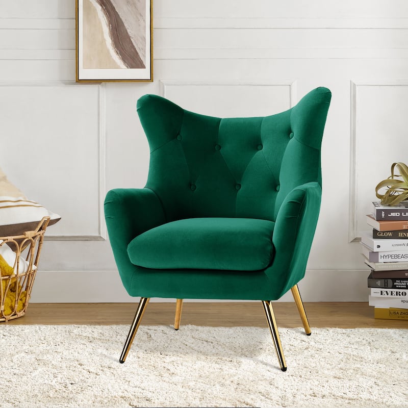 Eusebio Tufted Velvet Accent Chair with Wingback, Arms, and Metal Gold Legs for Living Room or Bedroom by HULALA HOME