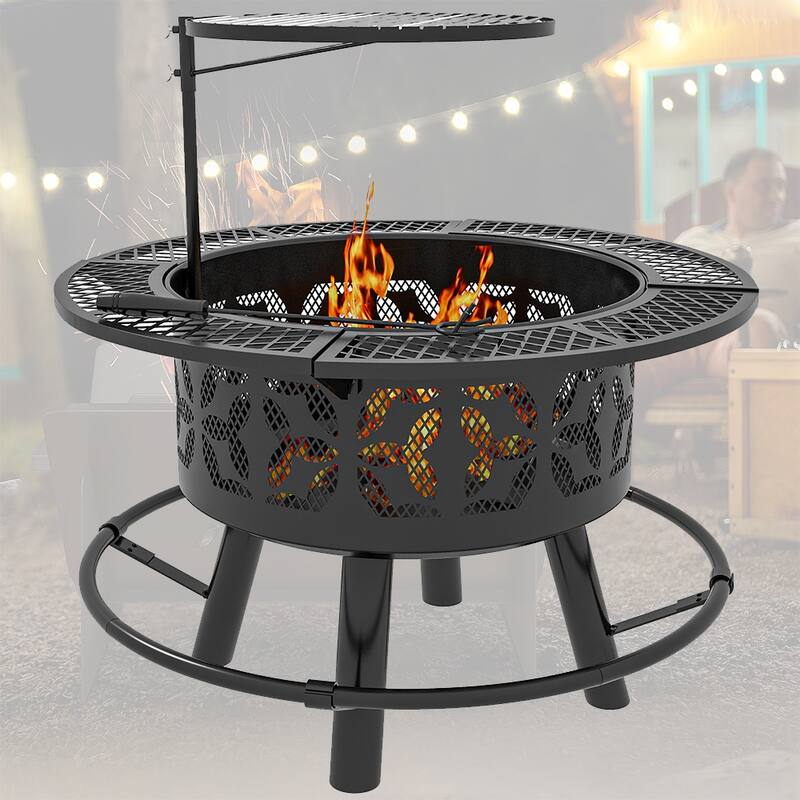 33" Portable Wood Burning Fire Pit w/ Cooking Grate, Pan, Poker - 33" Dia. x 33" H - Black