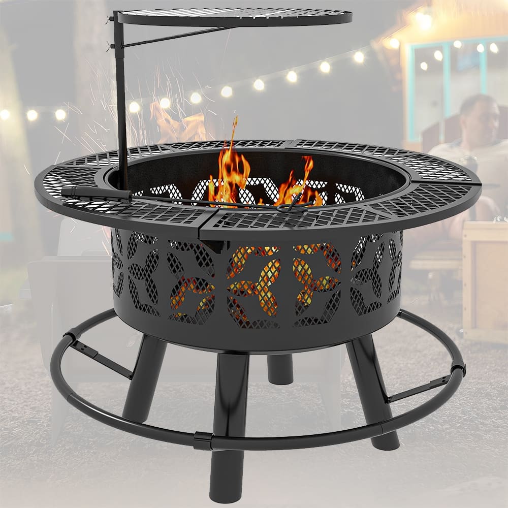 33" Portable Wood Burning Fire Pit w/ Cooking Grate, Pan, Poker - 33" Dia. x 33" H