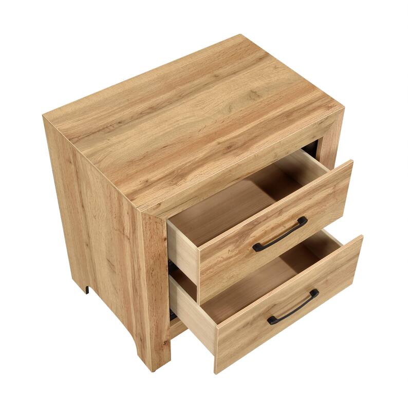 Natural Finish 2-Drawer Nightstand with Black Handles, Scratch and Stain Resistant