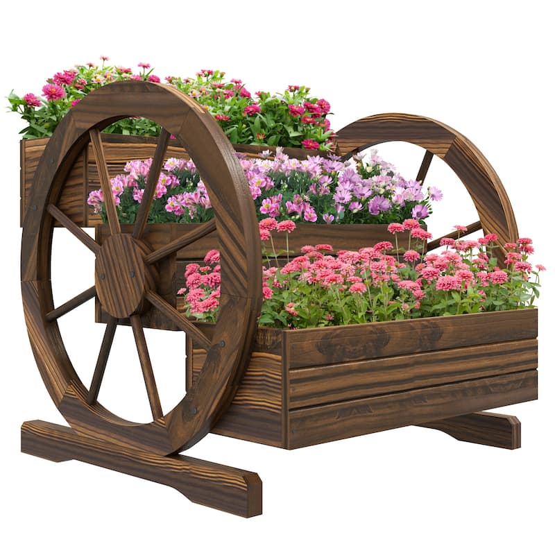 Outsunny 3-Tier Raised Garden Bed, Wooden Wagon Planter Boxes with Drainage Holes, for Vegetables Flowers Herbs