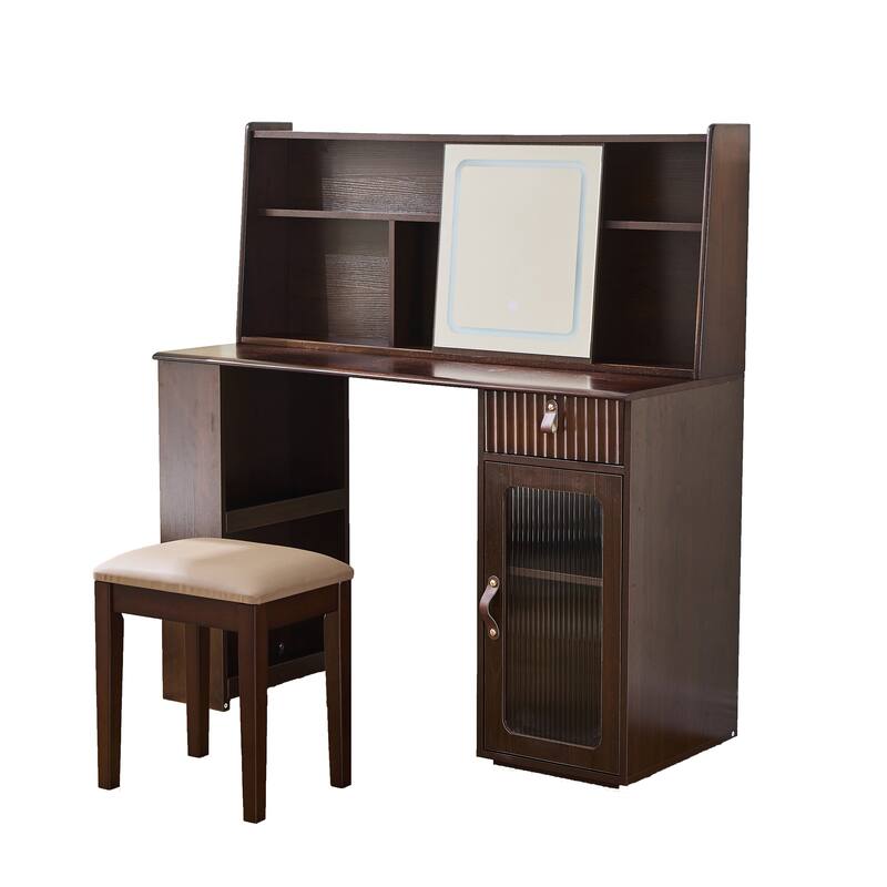 Mid-Century Modern Makeup Vanity Desk Set Includes Dressing Table & Stool, Sliding Makeup Mirror with 3-Color LED Light, Walnut