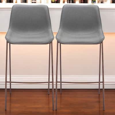 Set of Two 30" Slate Gray and Brown Faux Leather and Steel Bar Height Bar Chairs