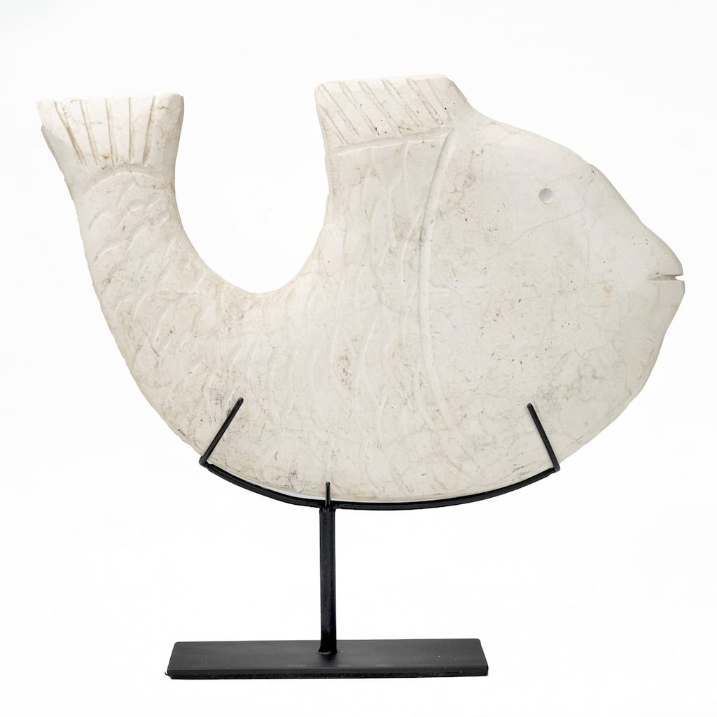Artissance 12"W Off-White Stone Fish with Stand Statue, Art Figurine Sculpture, Home Decor Collectible
