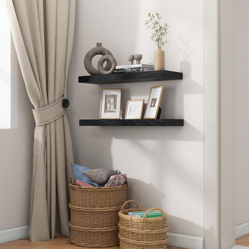 24 Inch Black Floating Shelves for Wall, Solid Wood Wall Shelves Set - 24 Inch