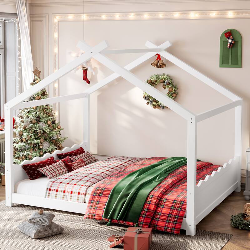 Queen/Full/Twin Solid Wood House Floor Bed, No Box Spring Needed