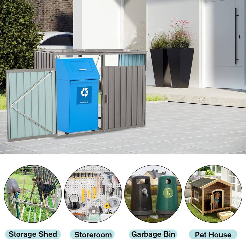 Grey Metal Garbage Bin Shed Outdoor Storage with Lockable Lids and Ventilated Doors - 62.99”L x 31.49”W x 48.03”H