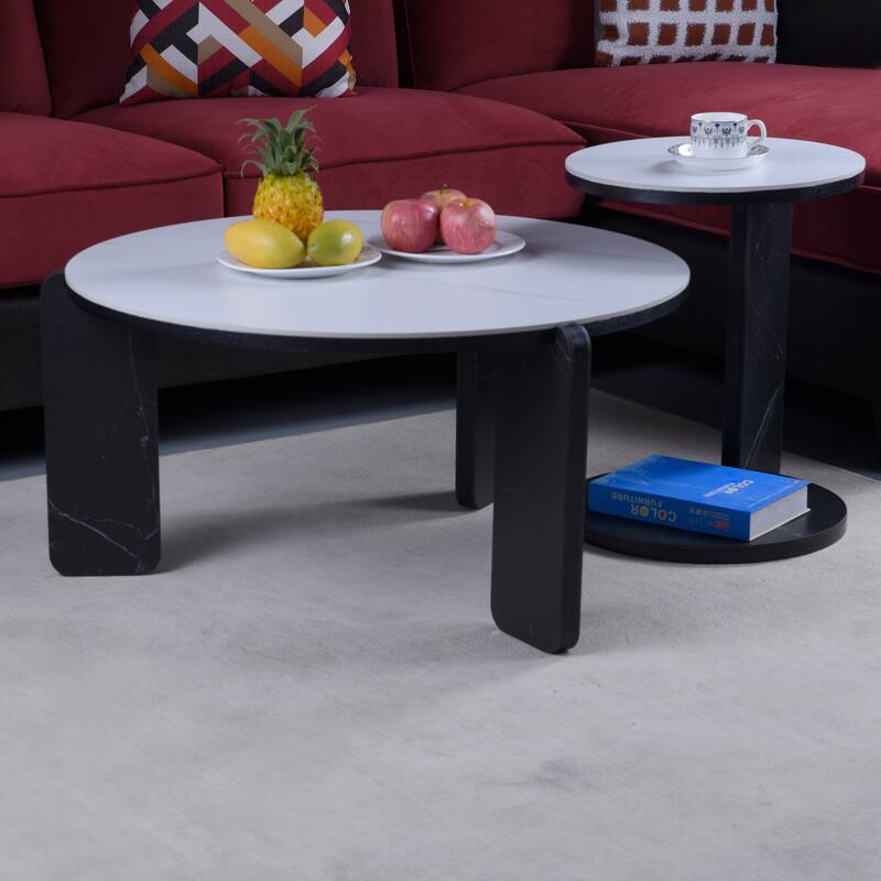 Round Nesting Coffee Table Set of 2, Sintered Stone Top Nesting Tables with Metal Frame, Modern Accent Side Table Set