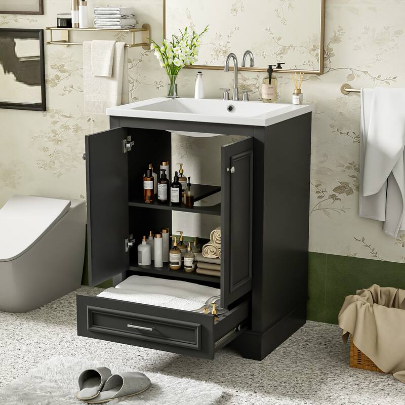 GDFStudio - Halcyon Modern Freestanding Bathroom Vanity with Ceramic Sink and Soft-Closing Storage Doors & Silver Handles