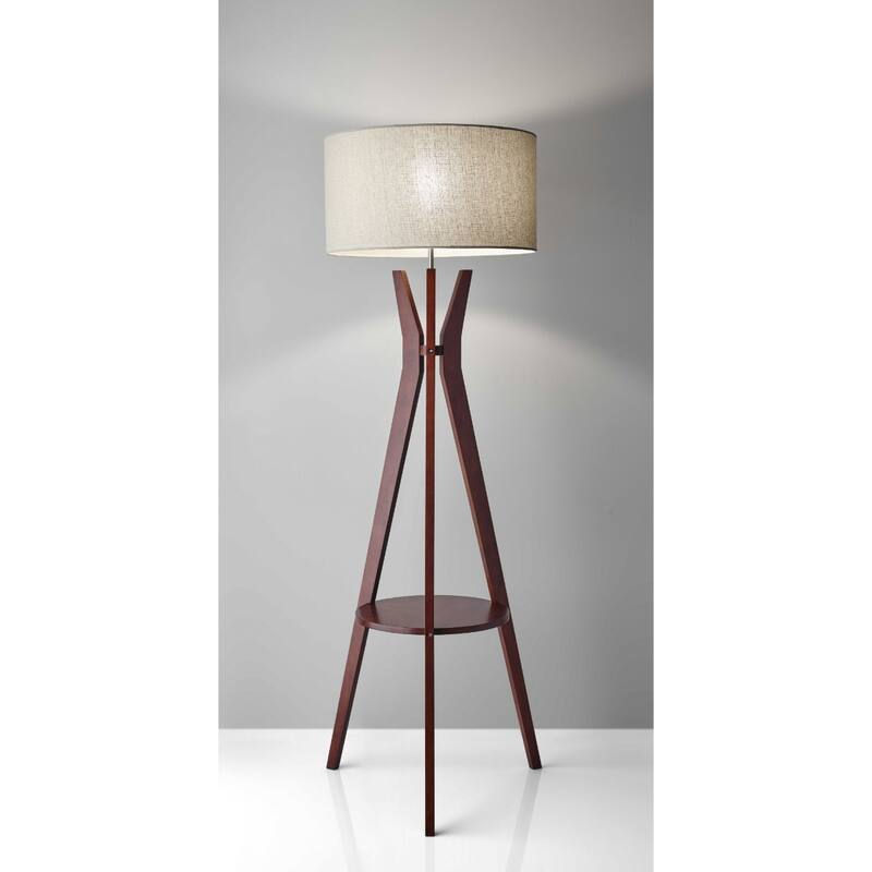 Brown Solid Wood Tripod Floor Lamp with White Fabric Drum Shade Rotary Switch - 20” x 20” x 59.5” (D x W x H)