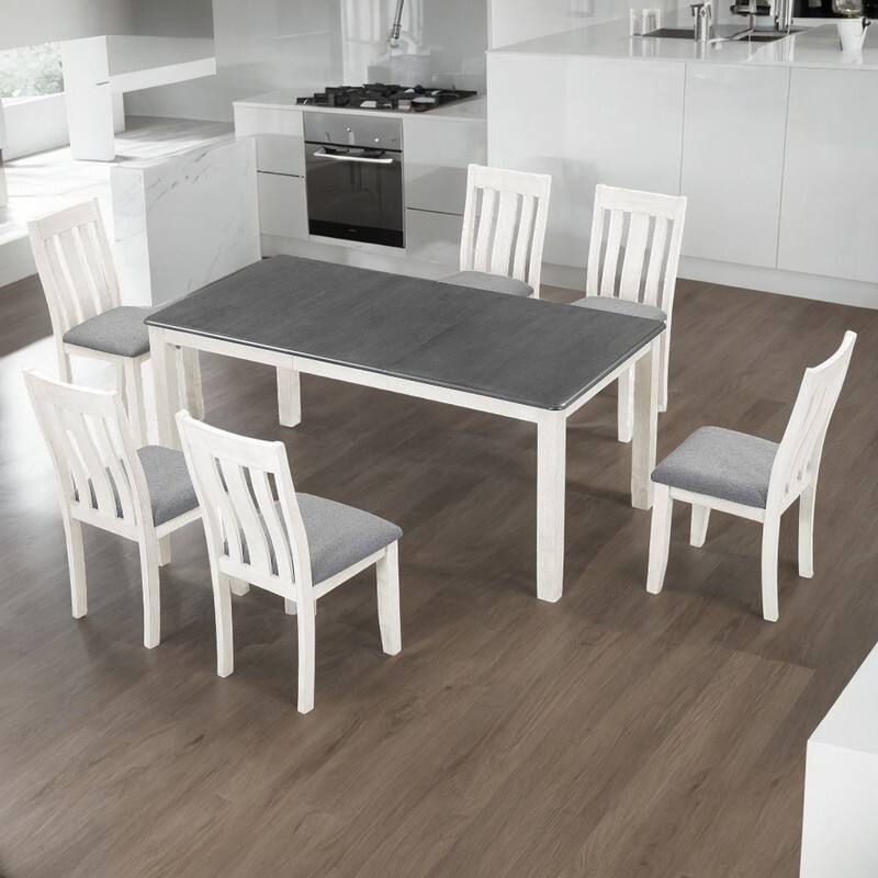 7-Piece Retro Style Dining Table Set with Extendable Table and 6-Upholstered Chairs, Grey+White