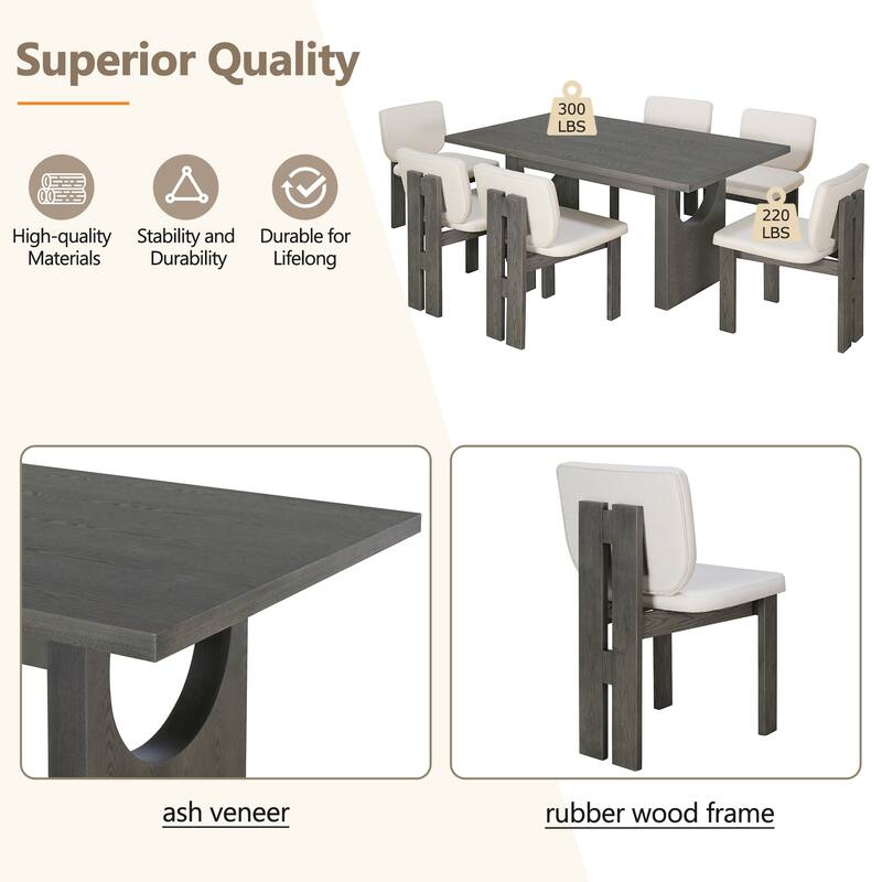 7-Piece Wood Kitchen Dining Table Set, Unique Chair Legs, 1 Rectangular Table with Designed Trestle Base & 6 Upholstered Chairs