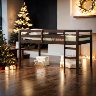 Low Height Platform Bed with Strengthened Slats, Wooden Twin size Loft Bed with Ladder,Espresso