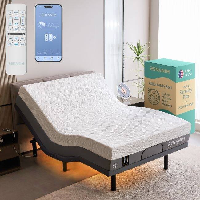 Renanim SF Adjustable Base w/ 12" Hybrid Mattress, Massage, USB, Underbed Light, App, Head & Foot Incline - Full