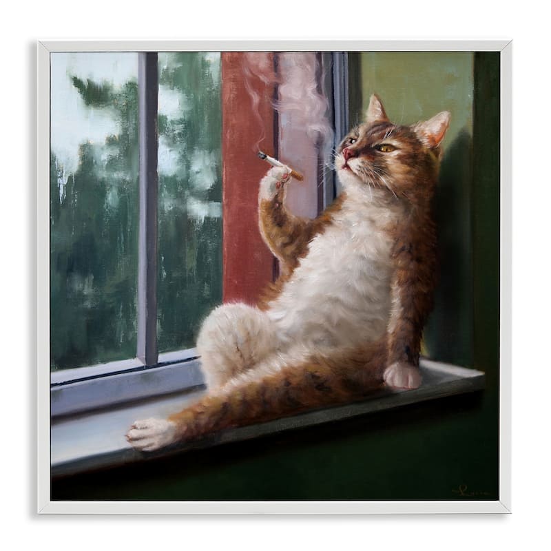 Stupell House Cat Smoking Lounging in Window Pane Framed Wall Art - 24 x 24 - White