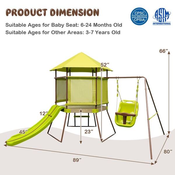4-in-1 Swing Set with Covered Playhouse Fort and Height Adjustable Baby Seat-Green - Multi
