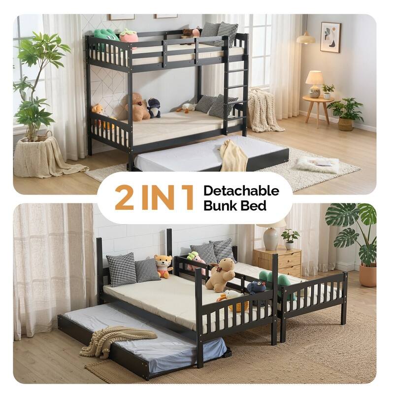 Twin over Twin Wood Bunk Bed with RGB LED Light,USB Port Charging Station and Guardrail ,Trundle Bed,Reversible Ladder