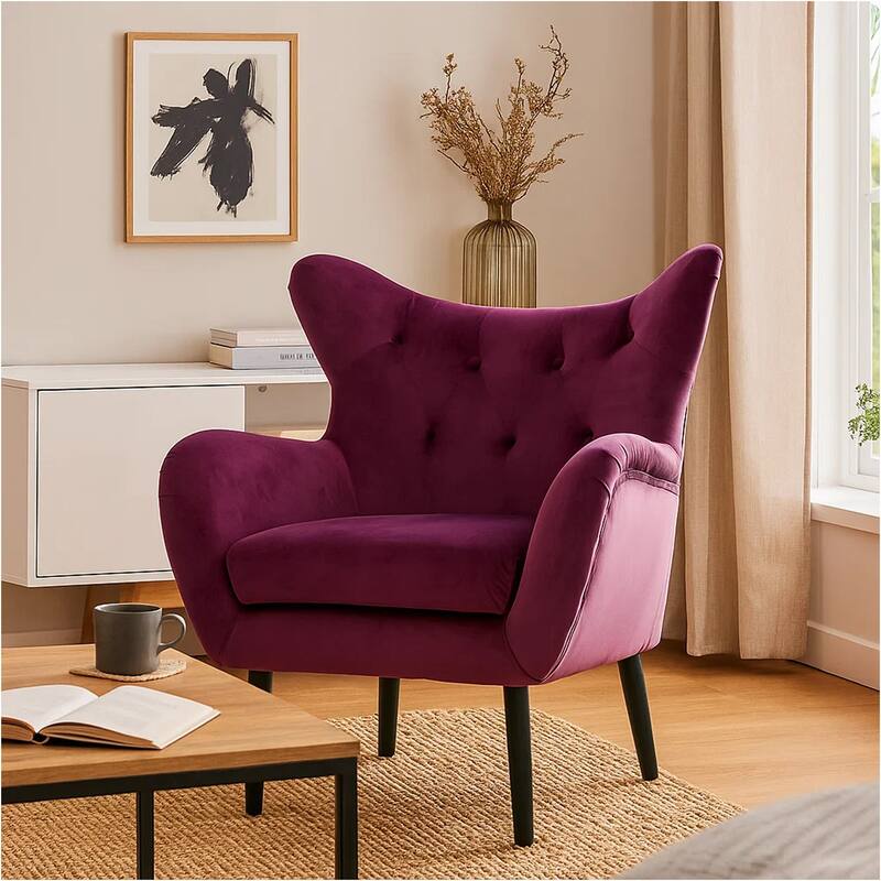 Riho Accent Armchair, Wingback Button Tufted, Fuchsia Purple Velvet