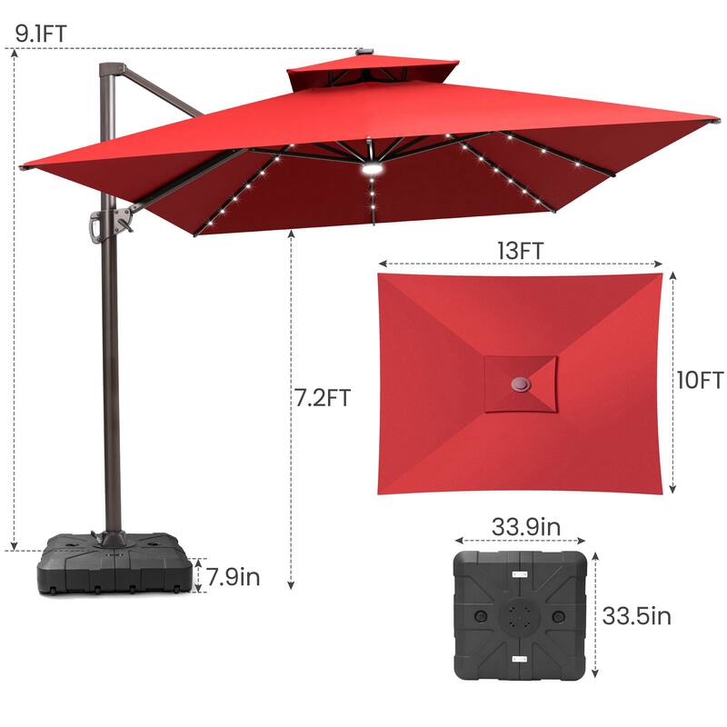 10 FT x 13 FT Outdoor Patio Premium LED Lighted Double Top Cantilever Offset Umbrella with Base