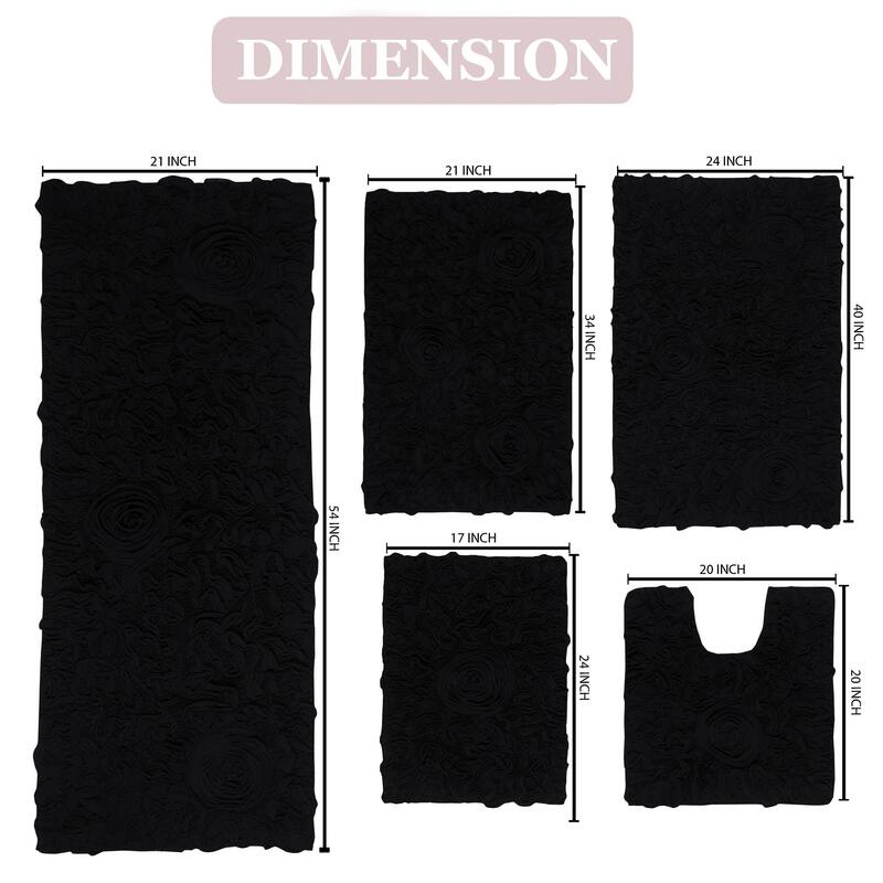 Bell Flower Collection 100% Cotton Non-Slip Bathroom Rug Set, Machine Washable Bath Rug, 5 Piece Bath Mat Set with Runner