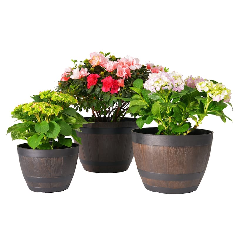Javlergo (9"/11.3"/13") 3-Pack Planter, Plastic Whiskey Barrel Planter Decoration Flower Pots with Drainage Holes & Saucer - 13"