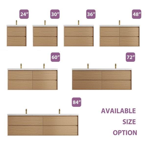 dimension image slide 1 of 4, Sylphar 84 inch Bathroom Vanity with Sink, Floating Oak Cabinet with Stone Top