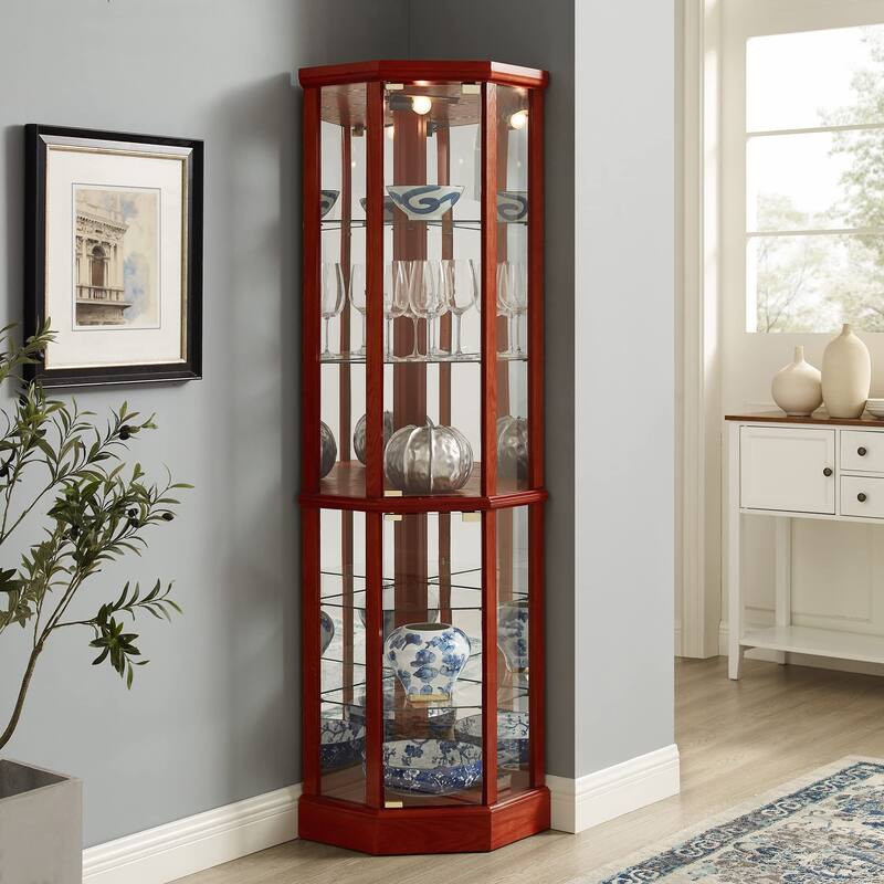 Corner Curio Cabinet with Lights, Floor Standing Display Cabinet, China Cabinet with Tempered Glass Shelves & Mirror Back - Cherry
