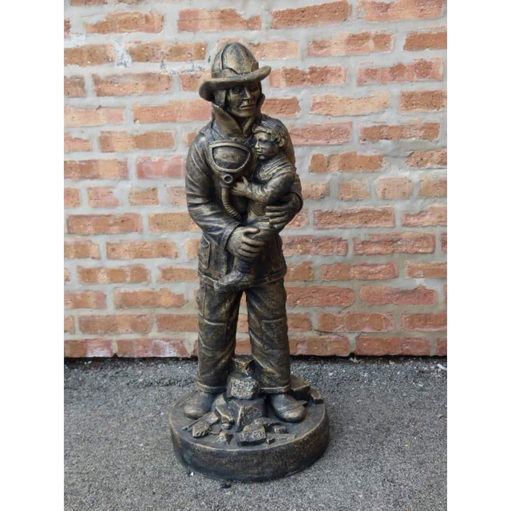 36" Bronze Fireman with Child Memorial Outdoor Garden Statue