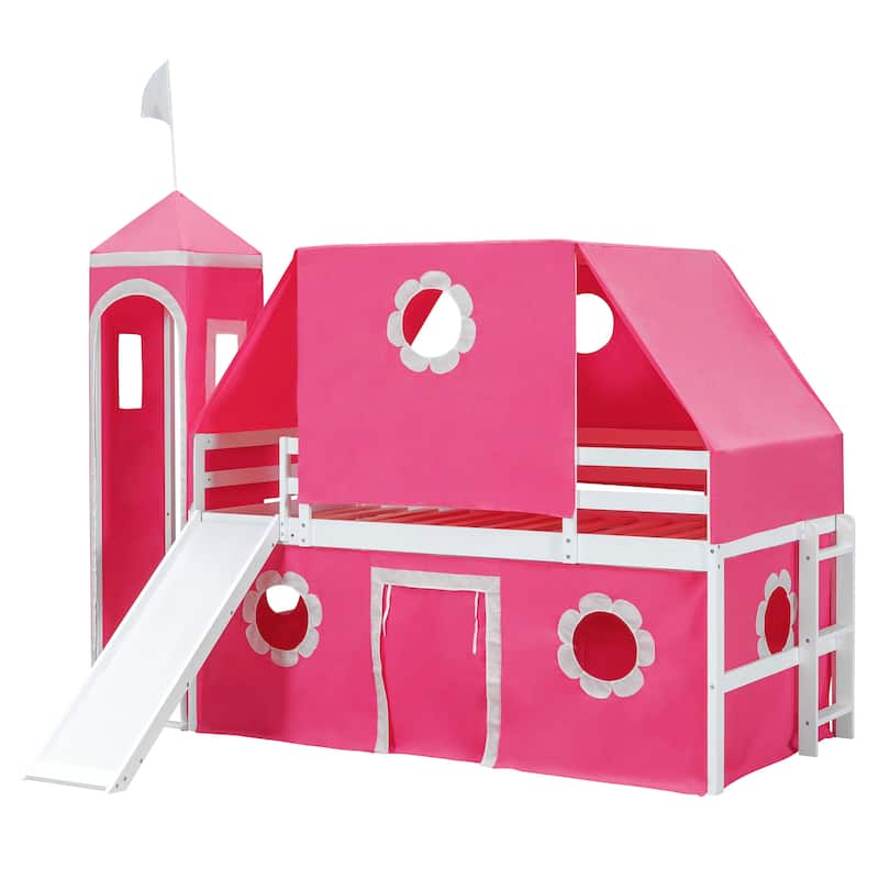 Roomfitters Twin Size Loft Bed with Slide, Tent and Tower, Pink