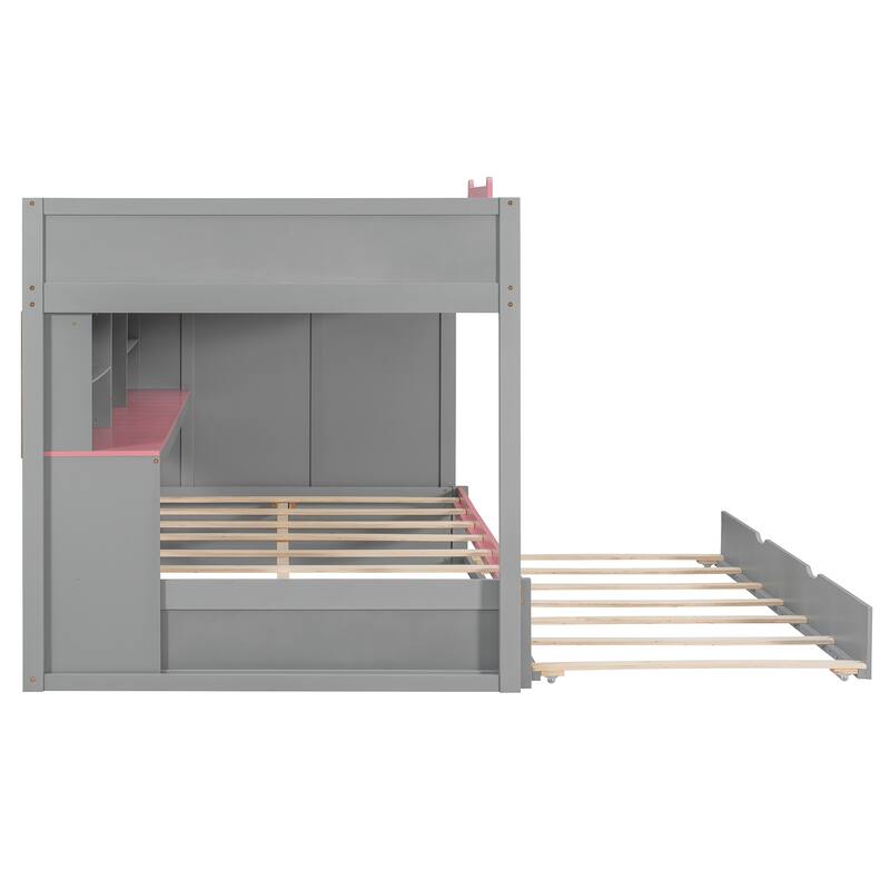 Full Over Full Bunk Bed with Twin Trundle, Staircase, Shelves & LED Lighting