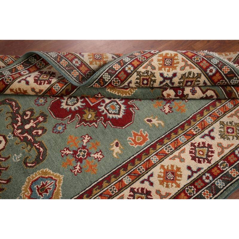 Hand Knotted Oriental 100% Wool Carpet Traditional Geometric Green Kazak Area Rug - 5' 10'' X 3' 11''