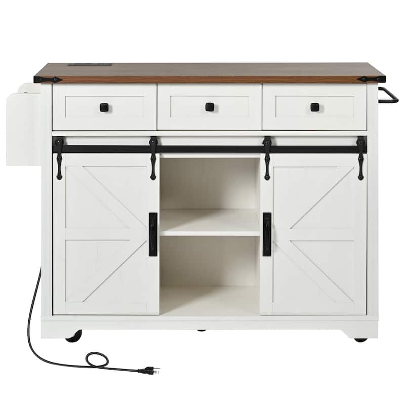 Kitchen Island Cart on Wheels with Power Outlet, Sliding Barn Doors Kitchen Island, Rolling Island Cart with Drop Leaf & Drawer