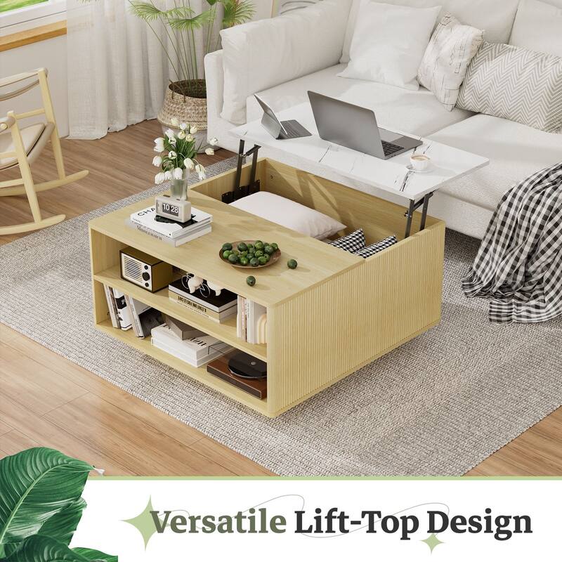 31.5" Fluted Lift Top Coffee Table with Storage, Boho Lift-Top Center Table with Hidden Compartment for Small Space