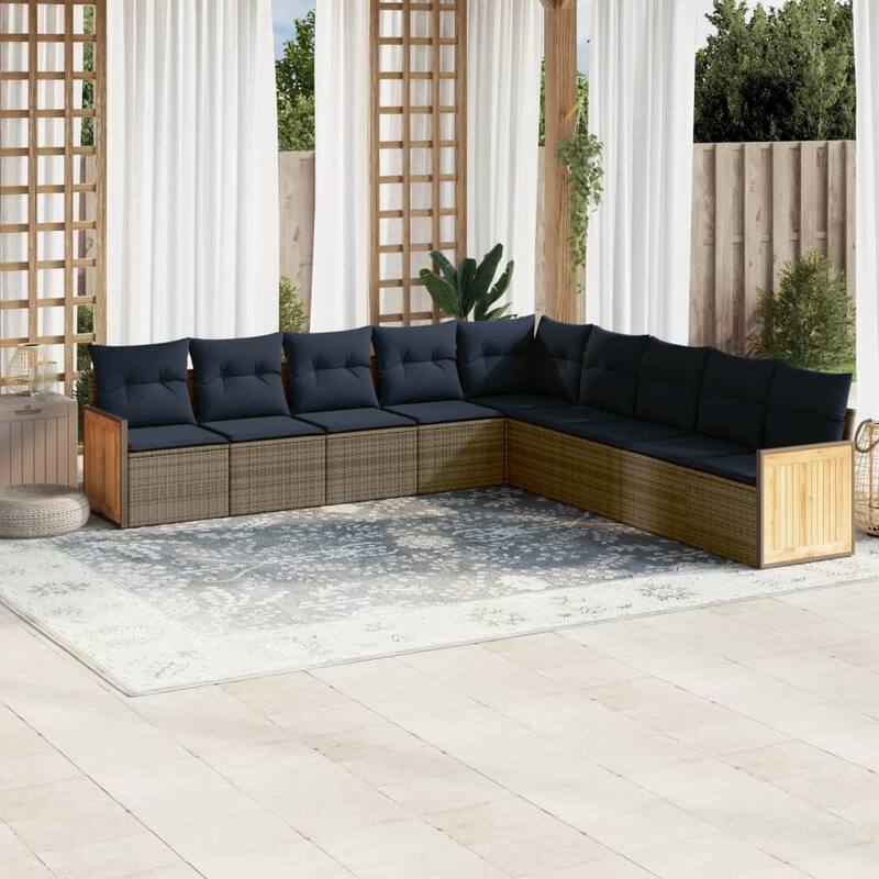vidaXL 9/10 Piece Patio Sofa Set with Cushions Black/Gray Poly Rattan - 21.7 x 24.4 x 27.2 - Gray Without table