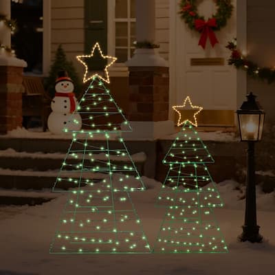 Set of 2 Lighted Metal Christmas Tree Yard Decorations - Green