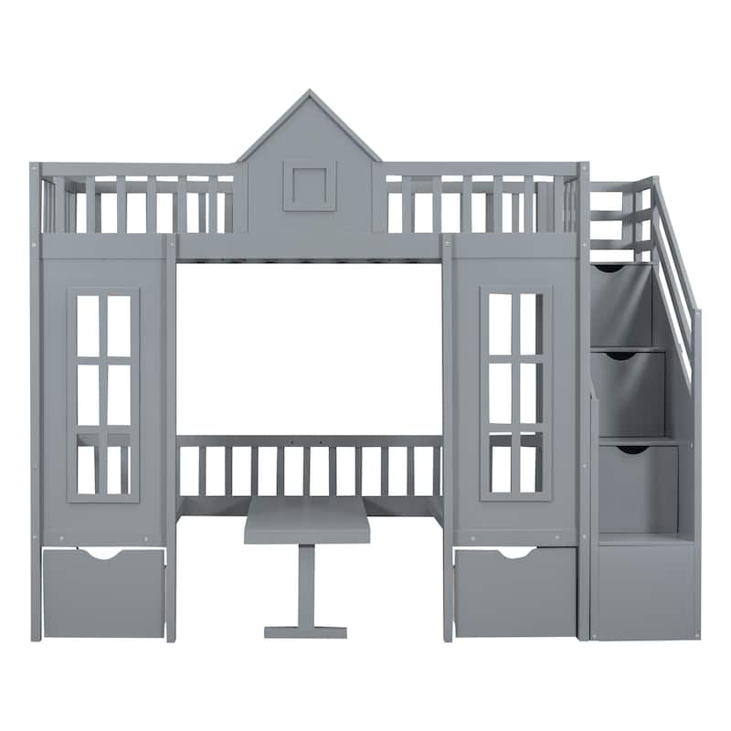 HomeRoots Gray Twin Over Twin Solid Wood Bunk Bed With Stairs And Desk And Drawers And Storage