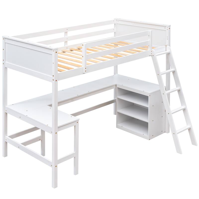 Space-Saving Twin Loft Bed with Shelves and Desk in White