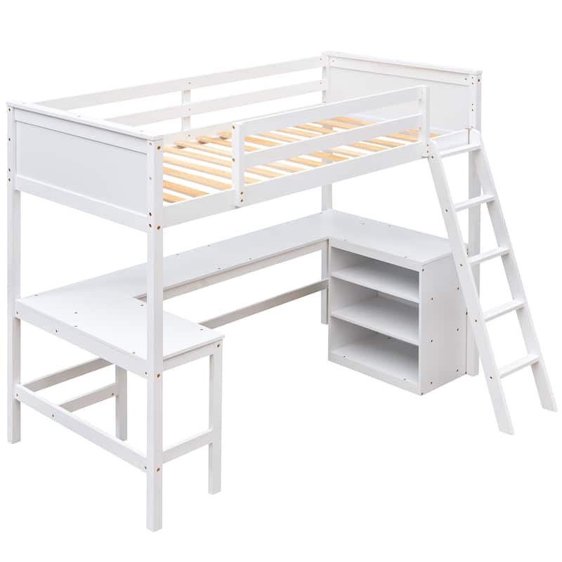 Twin size Loft Bed with Shelves and Desk, Wooden Loft Bed with Desk