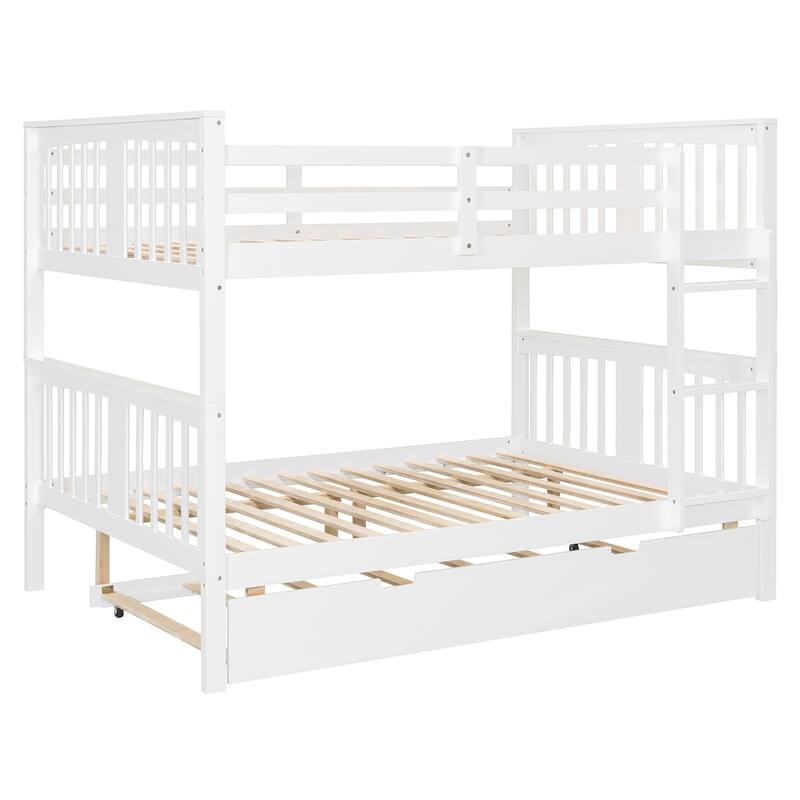Full over Full Bunk Bed with Twin Trundle and Ladder, White Finish, Space-Saving Design