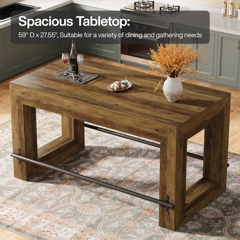 59 Inch Bar Table, Industrial Counter Height Pub Dining Table with Metal Footrest - 27.56"D x 59.06"W x 35.43"H