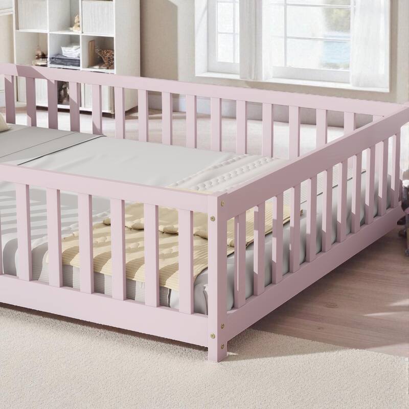 Full Size Rubber Wood Floor Bed with Fence, Door and Safety Guardrails for Kids