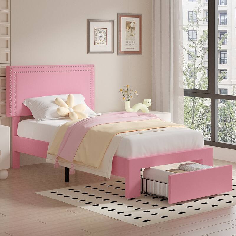 Modern Upholstered Bed Frame with 4 Storage Drawers, Platform Fabric Bed with Button Tufted Headboard