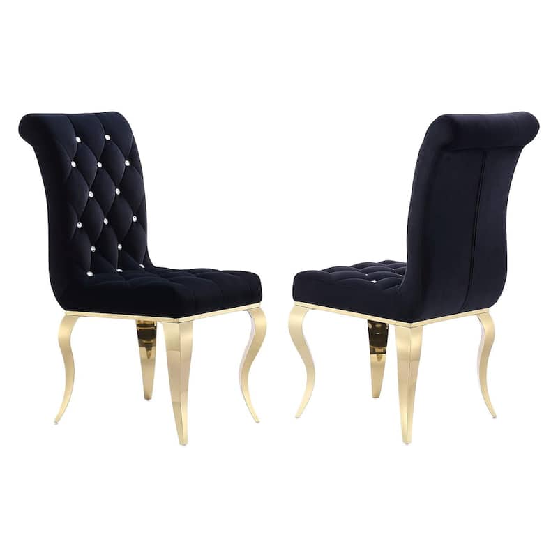 Velvet Upholstered Chairs with Crystal Decor Button Tufted back and Mirror metal Cabriole Legs - Black/Gold