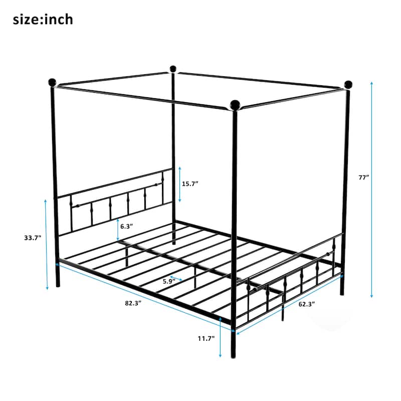 Queen Size Metal Canopy Platform bed with Headboard, Black/White
