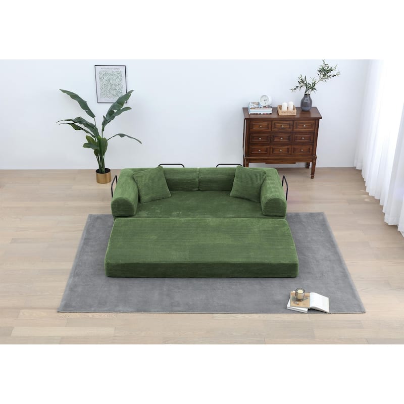 Convertible Sleeper Sofa Bed with Cylindrical Pillow - Corduroy Folding Mattress Couch with Fixed-Shape Frame
