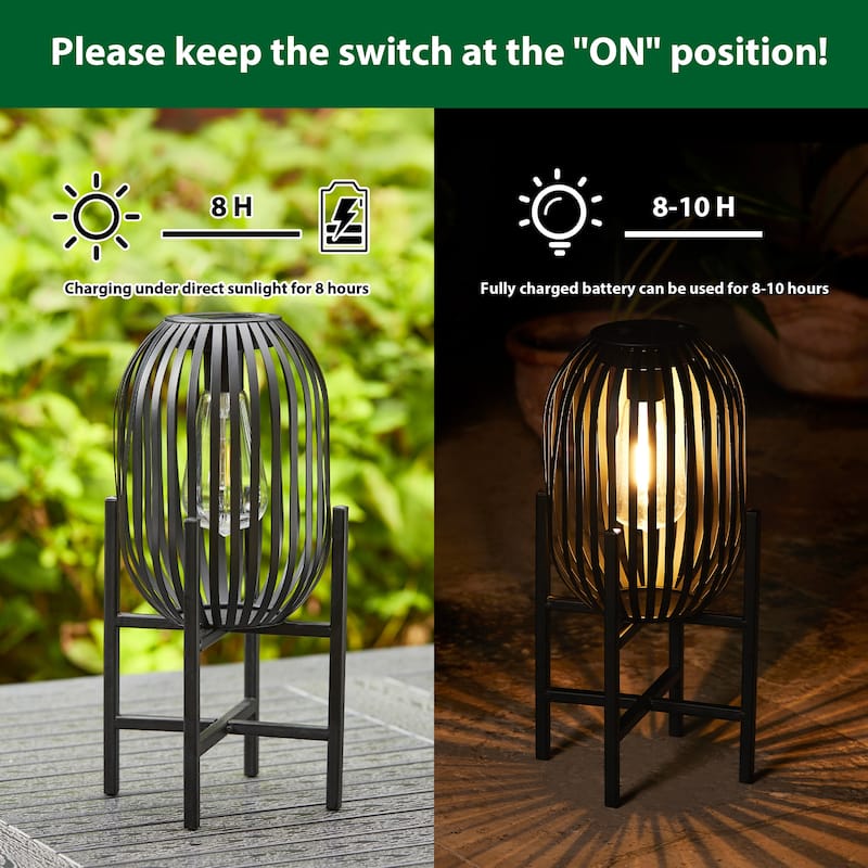 Glitzhome Set of 2 Outdoor Black Metal Striped Solar Lantern Floor Lamp