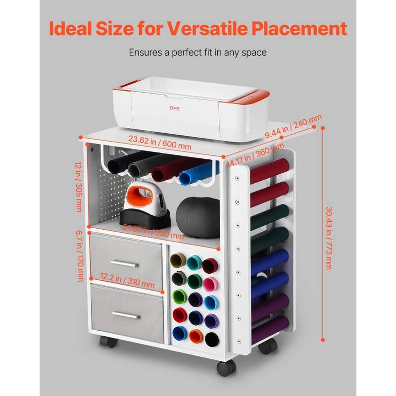 Rolling Craft Cart with 15 Vinyl Roll Holders and 2 Drawers, White - 23.62” x 26.46” x 30.43”