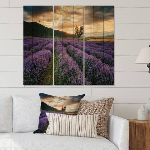Designart 'Sunrise & Dramatic Clouds Over Lavender Field VII' Farmhouse Print on Natural Pine Wood - 3 Panels