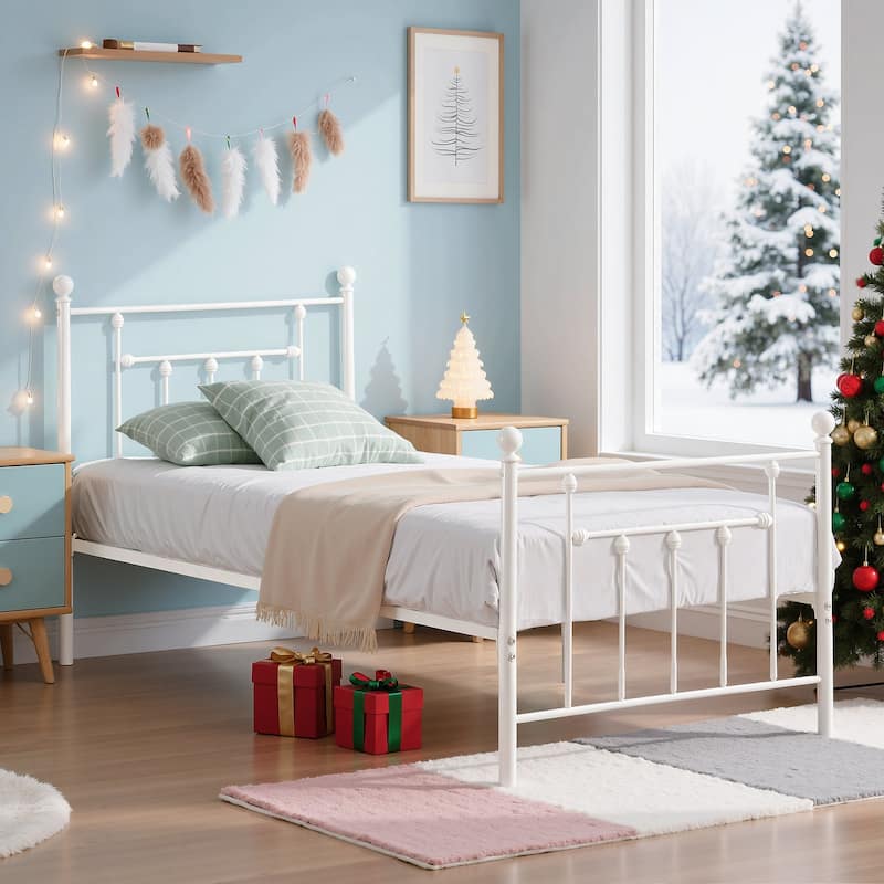 VECELO Metal Platform Bed Frame with Headboard and Footboard Heavy Duty Slat Support Underbed Storage Space Victorian Style