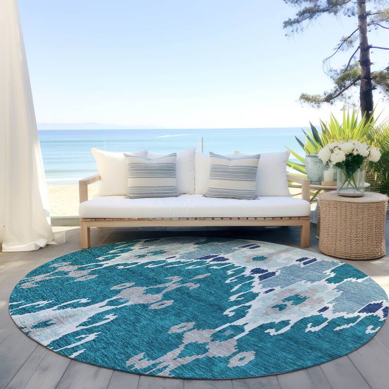 Machine Washable Indoor/ Outdoor Chantille Global Boho Rug - Teal - 8' x 8'